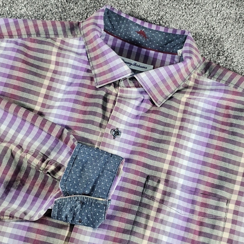 Tommy Bahama Men's L Surf Springs Stripe Shirt Silk Blend‎ Violet Dusk flipcuffs